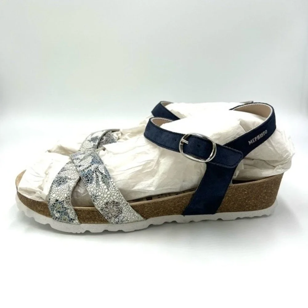 Mephisto Womens Size 10 Stela Blue Leather Floral‎ Crackle Comfort Sandals NEW